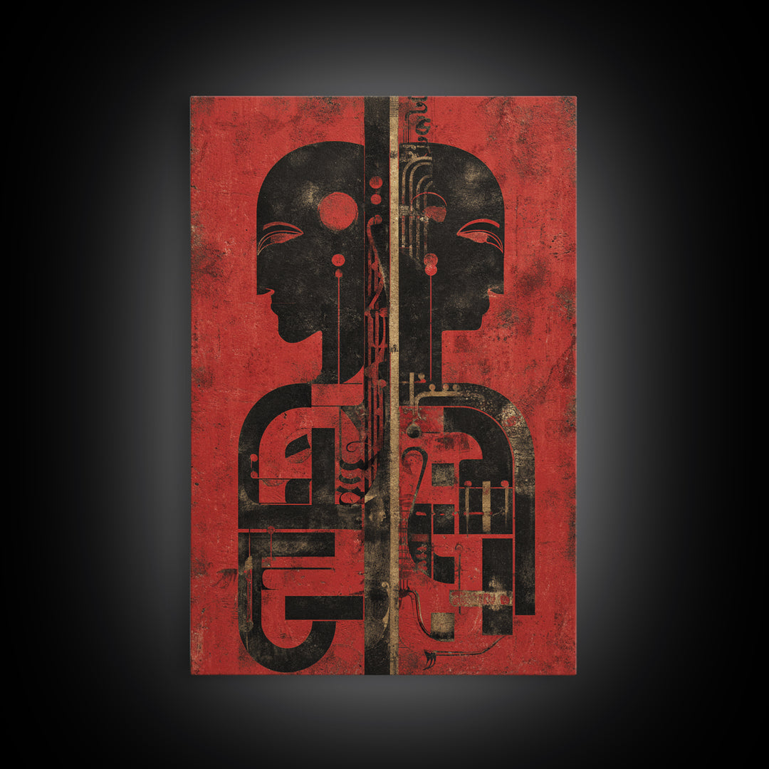 Red And Black Tribal Twin Profiles Wall Art, Abstract African Mask Portrait, Afrocentric Decor, Modern African Art Print