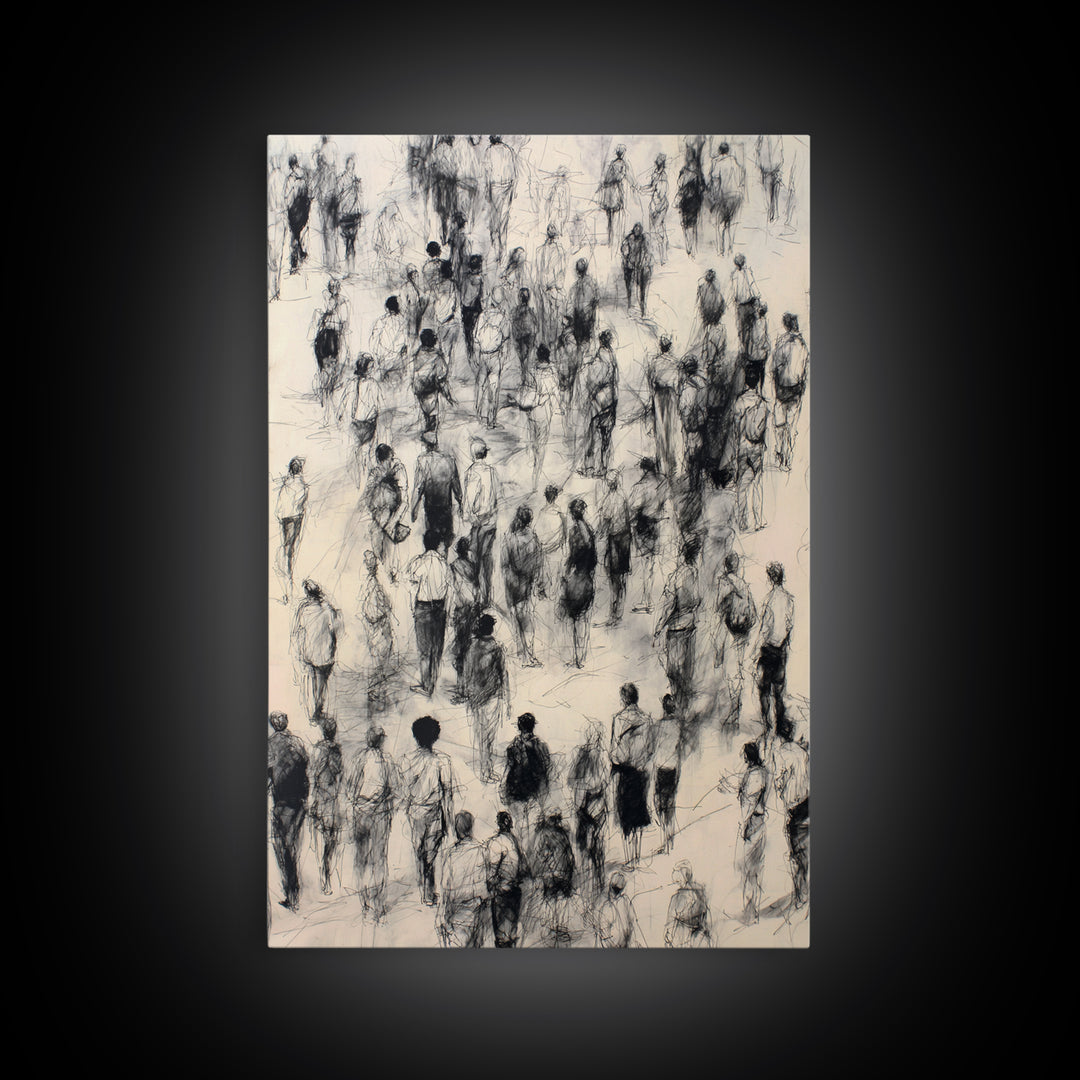 Monochrome Walking Crowd Wall Art, Black And White Figurative Sketch, Minimalist People Decor, Modern Office Art Print Gift