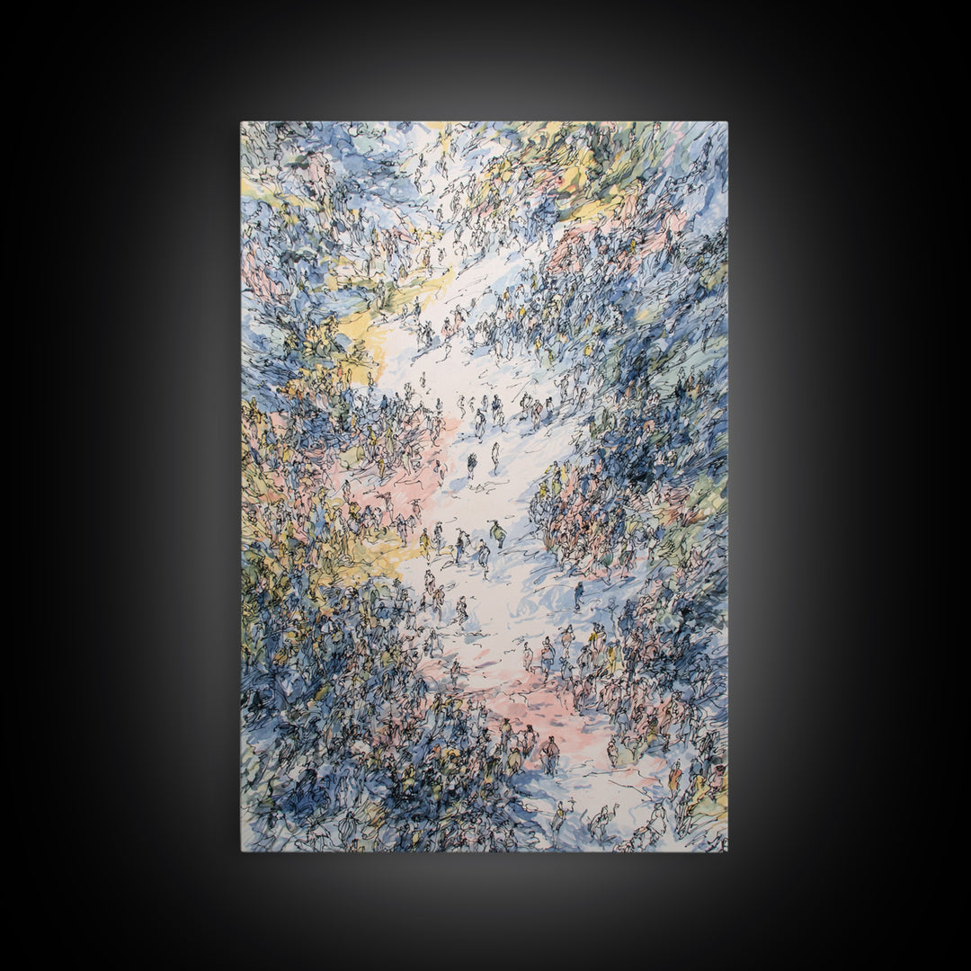 Pastel Valley Gathering Canvas Print, Dreamy Nature Scene With Tiny Figures, African Inspired Wall Decor, Unique Home Art