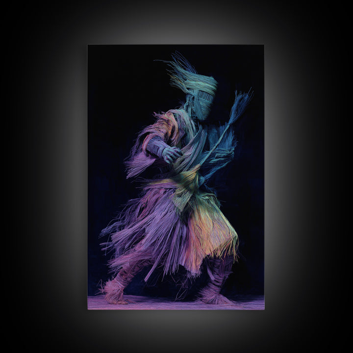 Masked Raffia Dancer In Neon Threads, African Wall Art, Tribal Dance Decor, Afrocentric Culture Print, Bold Home Decor Gift