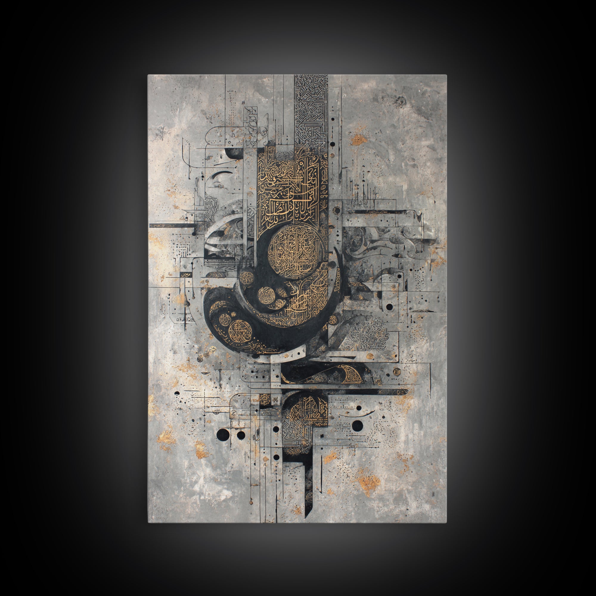 Gold Arabic Calligraphy Abstract On Concrete, Canvas Print, Modern Islamic Wall Decor, Luxury Cultural Art, Gray Black Art