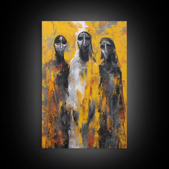 Three Abstract Masked Figures On Yellow Ground, Canvas Print, African Mask Art, Modern Tribal Wall Decor, Bold Portrait Art