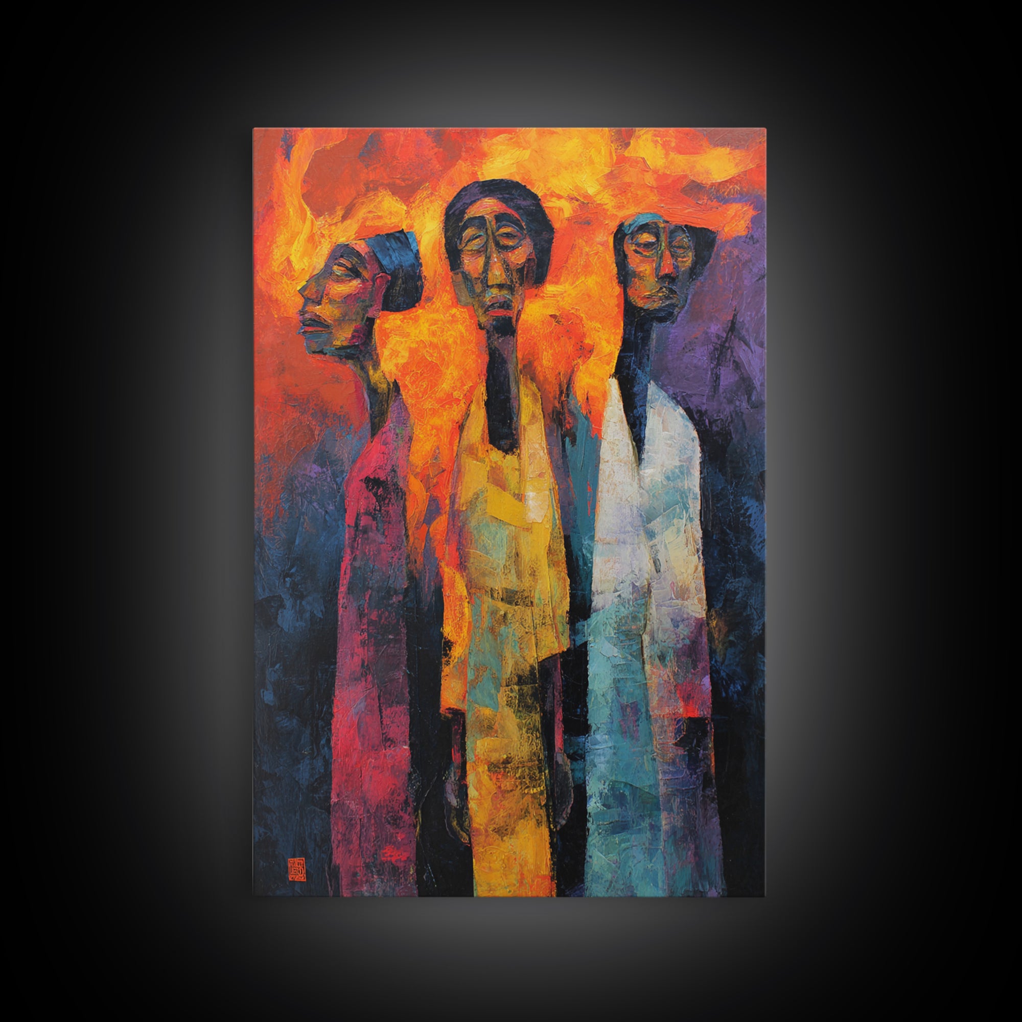Fiery Three African Figures With Long Faces, Framed Canvas Print, Modern African Art, Black Culture Decor, Statement Wall Art