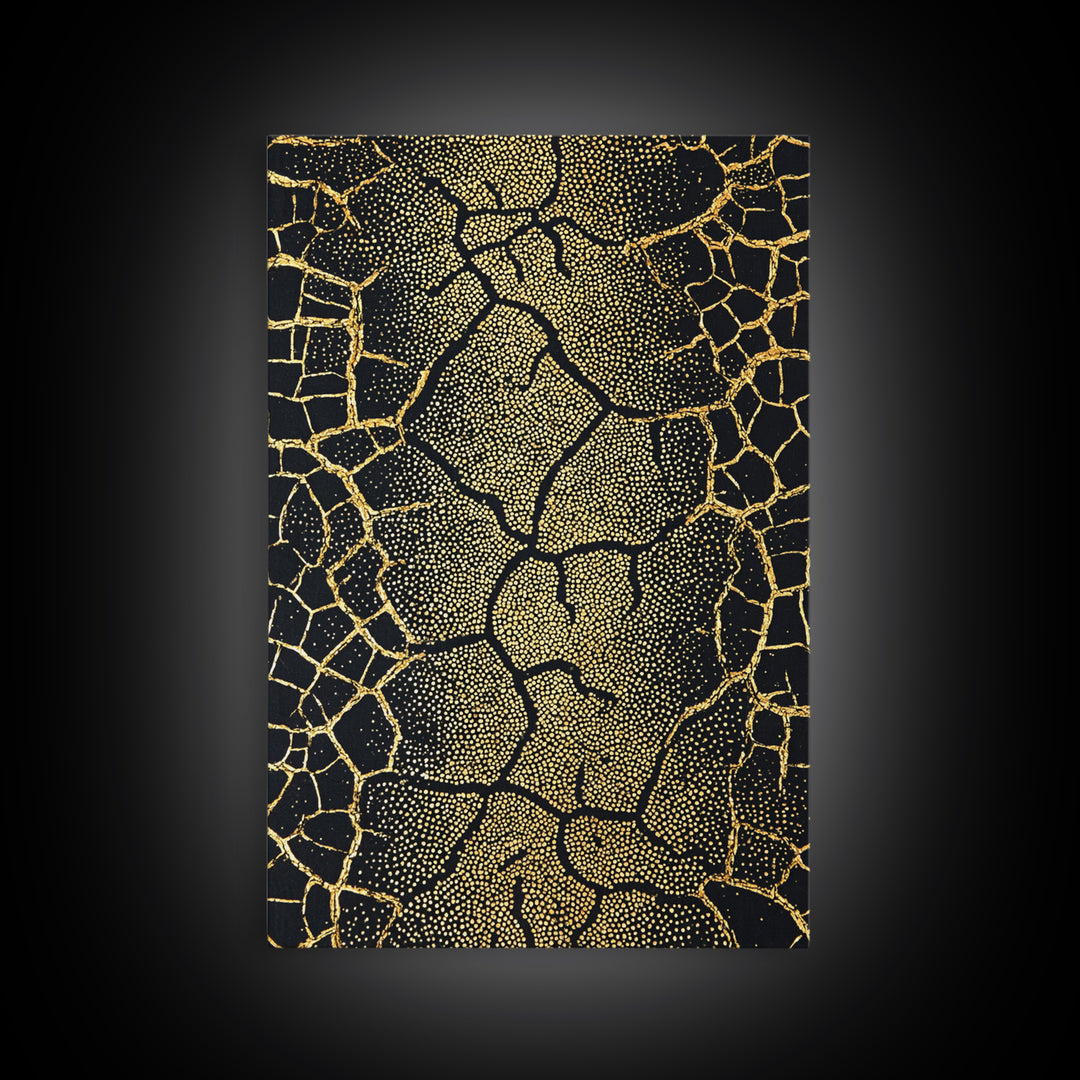 Black And Gold Cracked Earth Wall Art, Abstract African Landscape Canvas Print, Textured Art Print, Luxury Home Decor Statement Piece