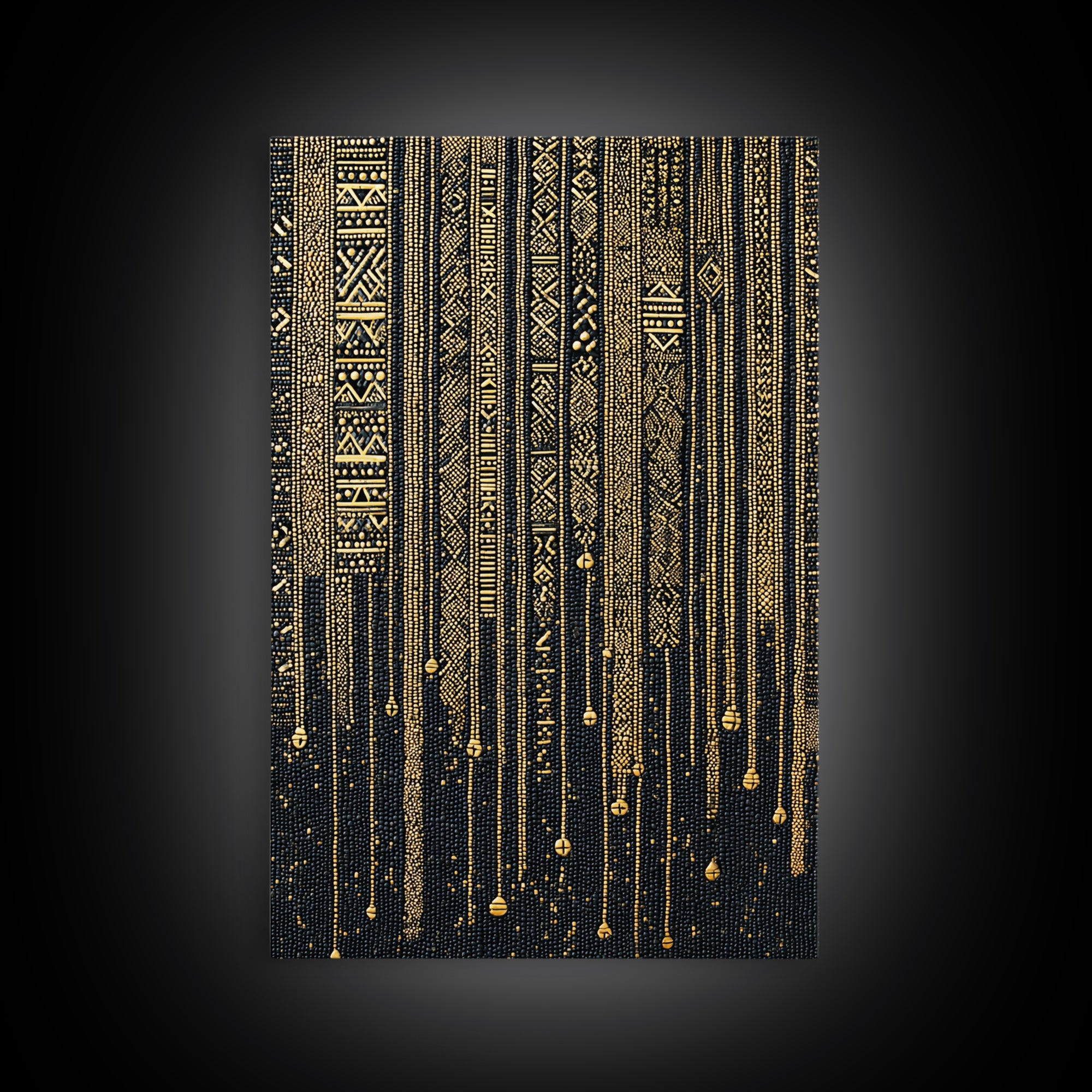 Black Gold Tribal Stripes Wall Art, African Pattern Framed Canvas Print, Elegant Textile Art, Luxury Home Decor Statement Piece