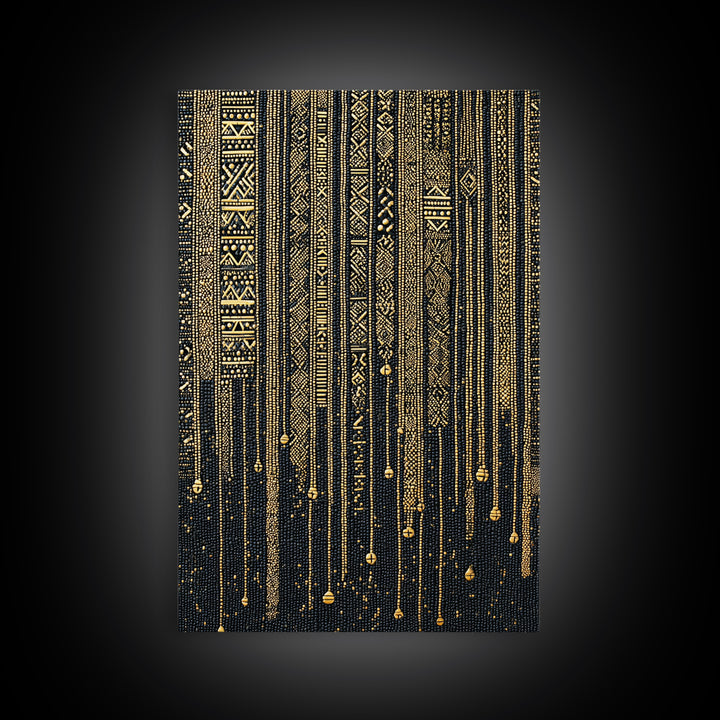 Black Gold Tribal Stripes Wall Art, African Pattern Framed Canvas Print, Elegant Textile Art, Luxury Home Decor Statement Piece