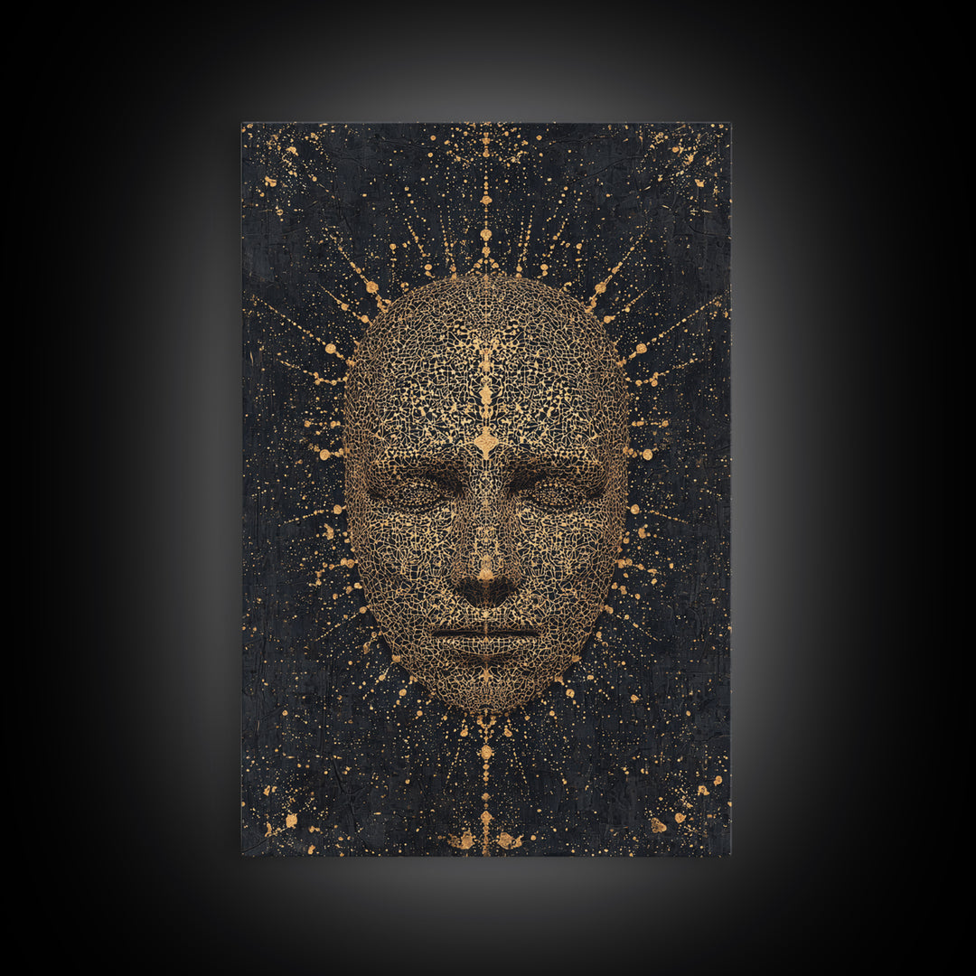 Gold Radiant African Mask Face Framed Canvas Print, Black And Gold Spiritual Wall Decor, Mystical Afrocentric Portrait Art