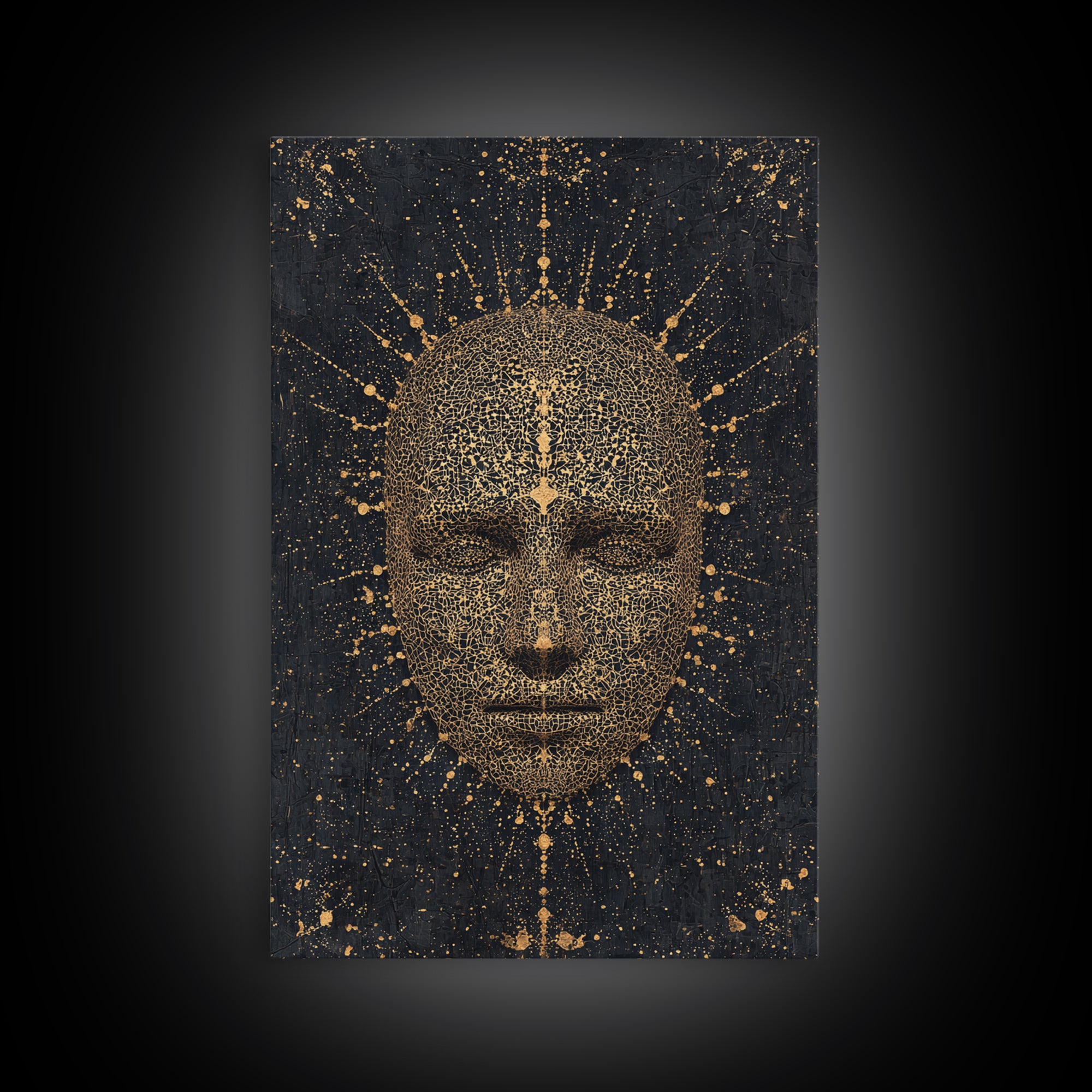 Gold Radiant African Mask Face Framed Canvas Print, Black And Gold Spiritual Wall Decor, Mystical Afrocentric Portrait Art