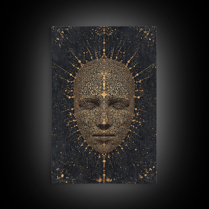 Gold Radiant African Mask Face Framed Canvas Print, Black And Gold Spiritual Wall Decor, Mystical Afrocentric Portrait Art