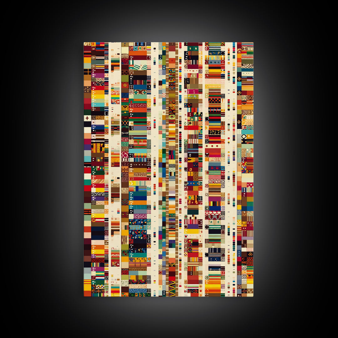Pan African Textile Mosaic Strips Wall Art, Colorful African Fabric Patterns Canvas Print, Cultural Boho Home Decor Gift