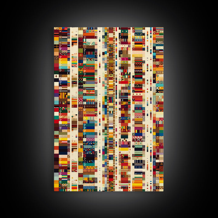 Pan African Textile Mosaic Strips Wall Art, Colorful African Fabric Patterns Canvas Print, Cultural Boho Home Decor Gift