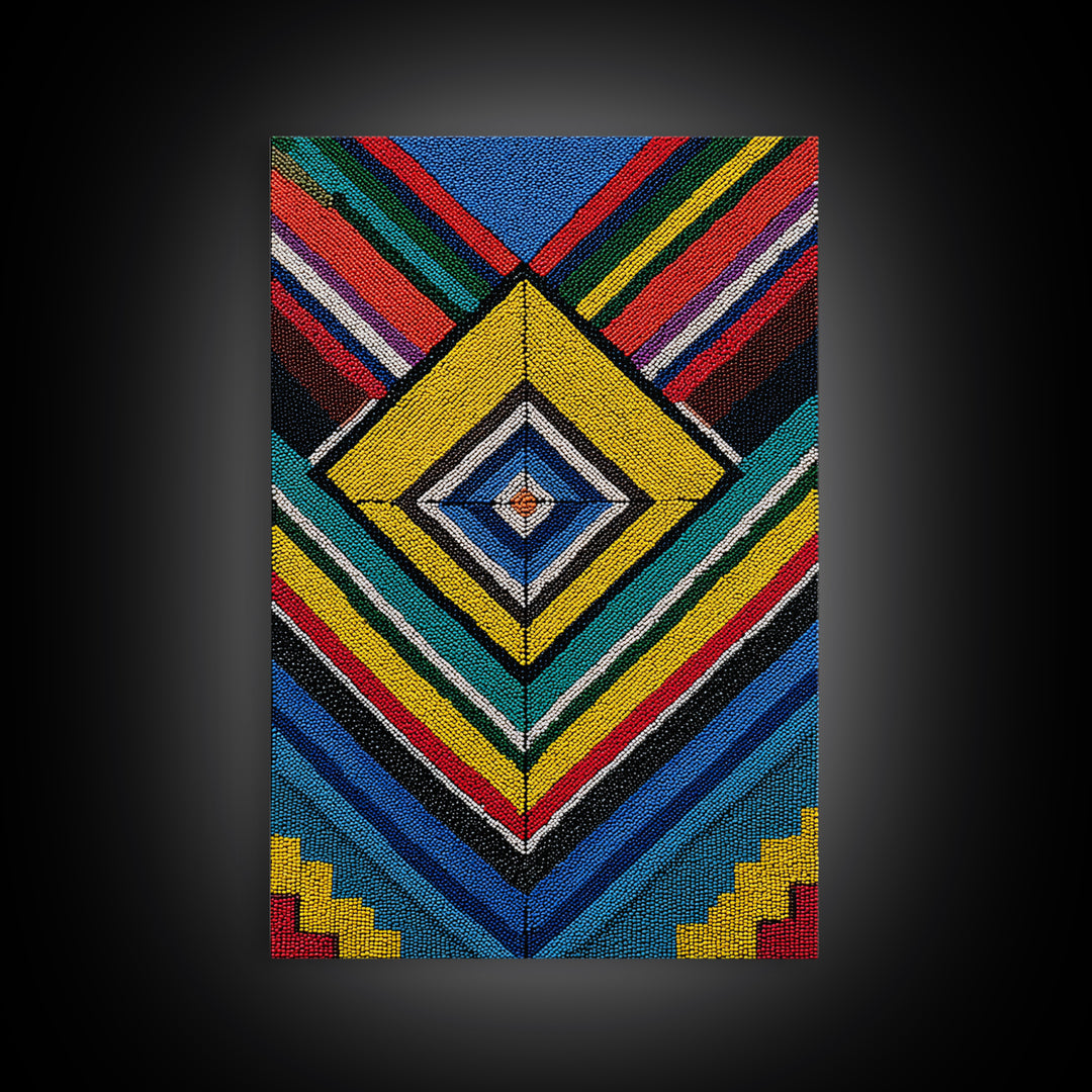 Beaded Diamond Geometric Tribal Wall Art, Colorful African Abstract Canvas Print, Bold Ethnic Pattern Living Room Decor Gift