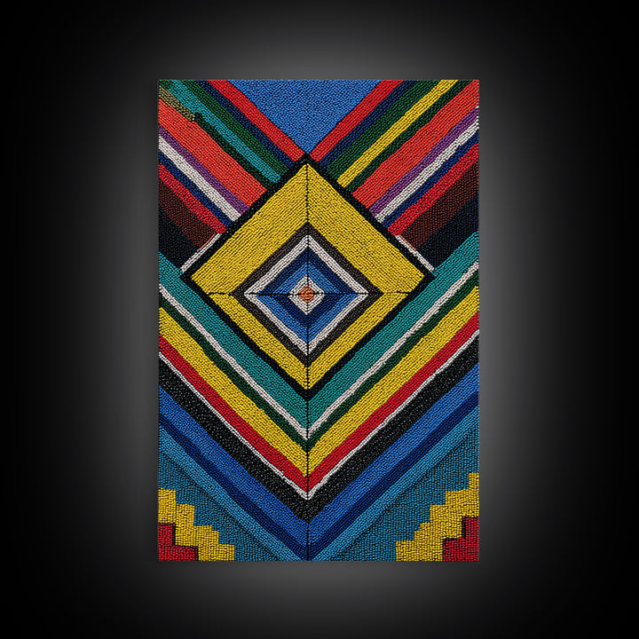 Beaded Diamond Geometric Tribal Wall Art, Colorful African Abstract Canvas Print, Bold Ethnic Pattern Living Room Decor Gift