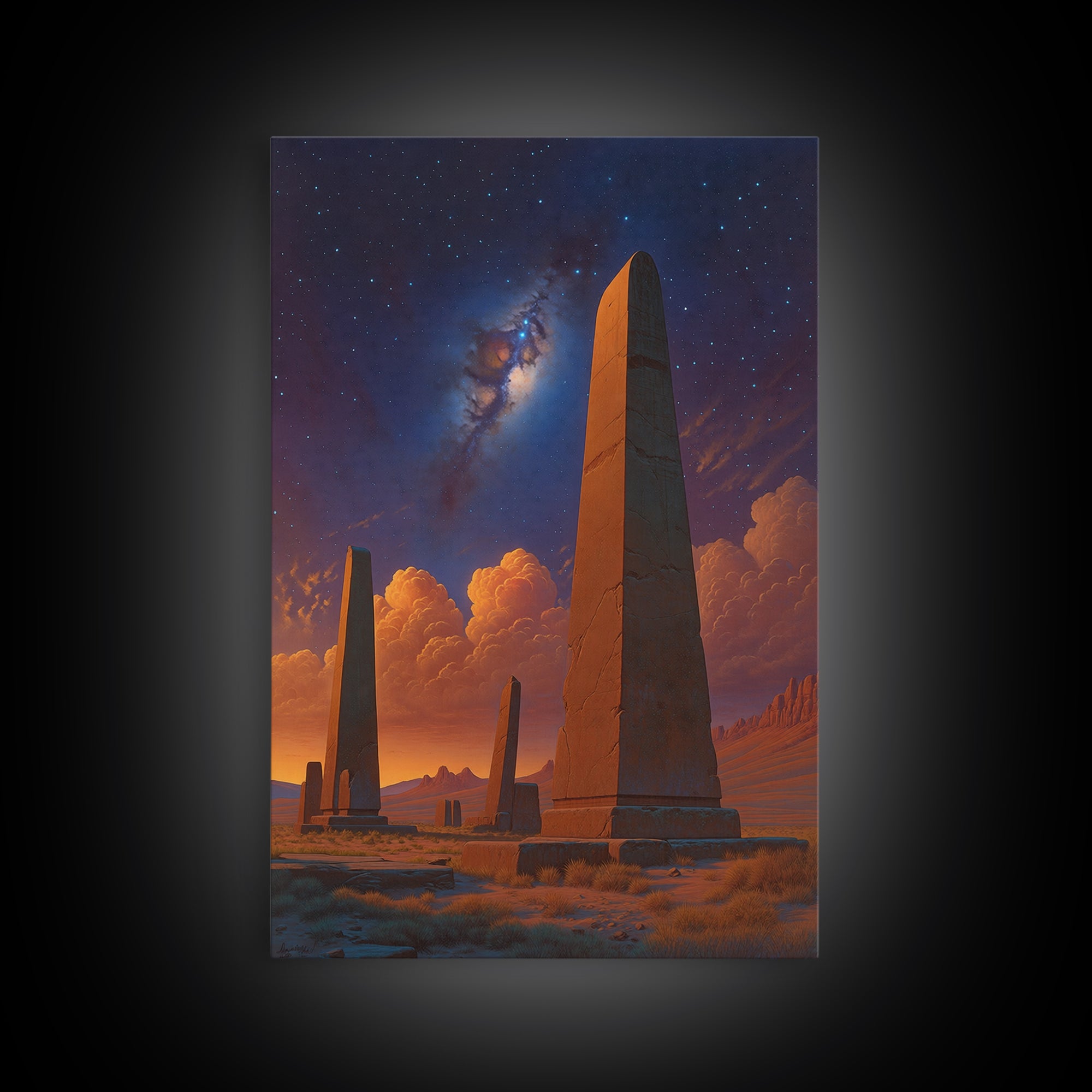 Ancient Desert Obelisks Under Stars Canvas Print, African Egyptian Art, Mystical Landscape Wall Decor, Stargazer Art Gift