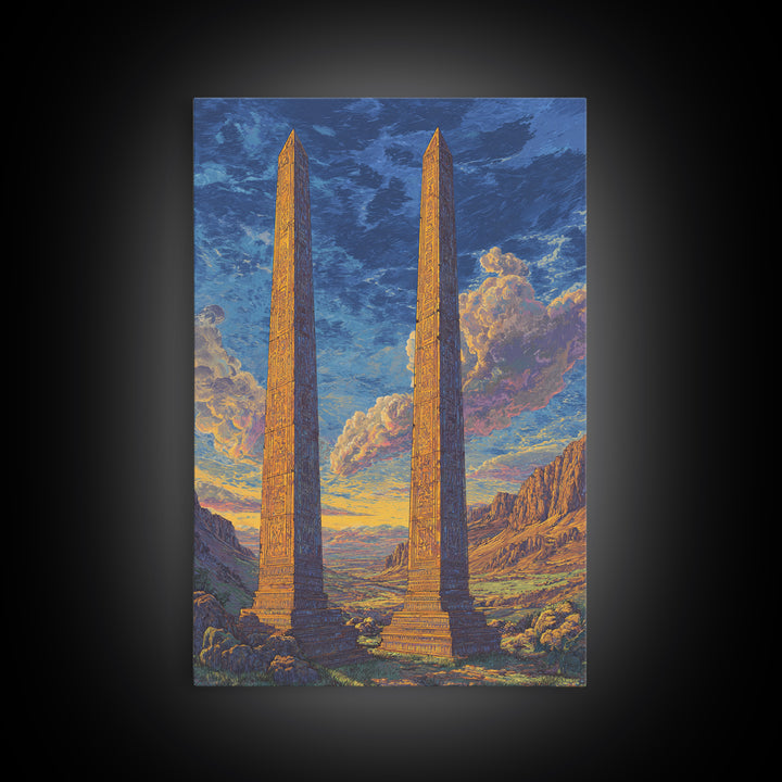Twin Ancient Obelisks At Sunset Framed Canvas Print, African Egyptian Art, Historic Monument Landscape Wall Decor Gift For Home