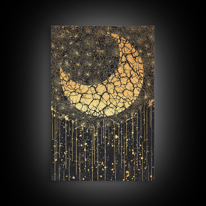 Cracked Gold Crescent Horn Abstract Wall Art, African Inspired Pattern Decor, Black And Gold Canvas Print For Boho Home Decor