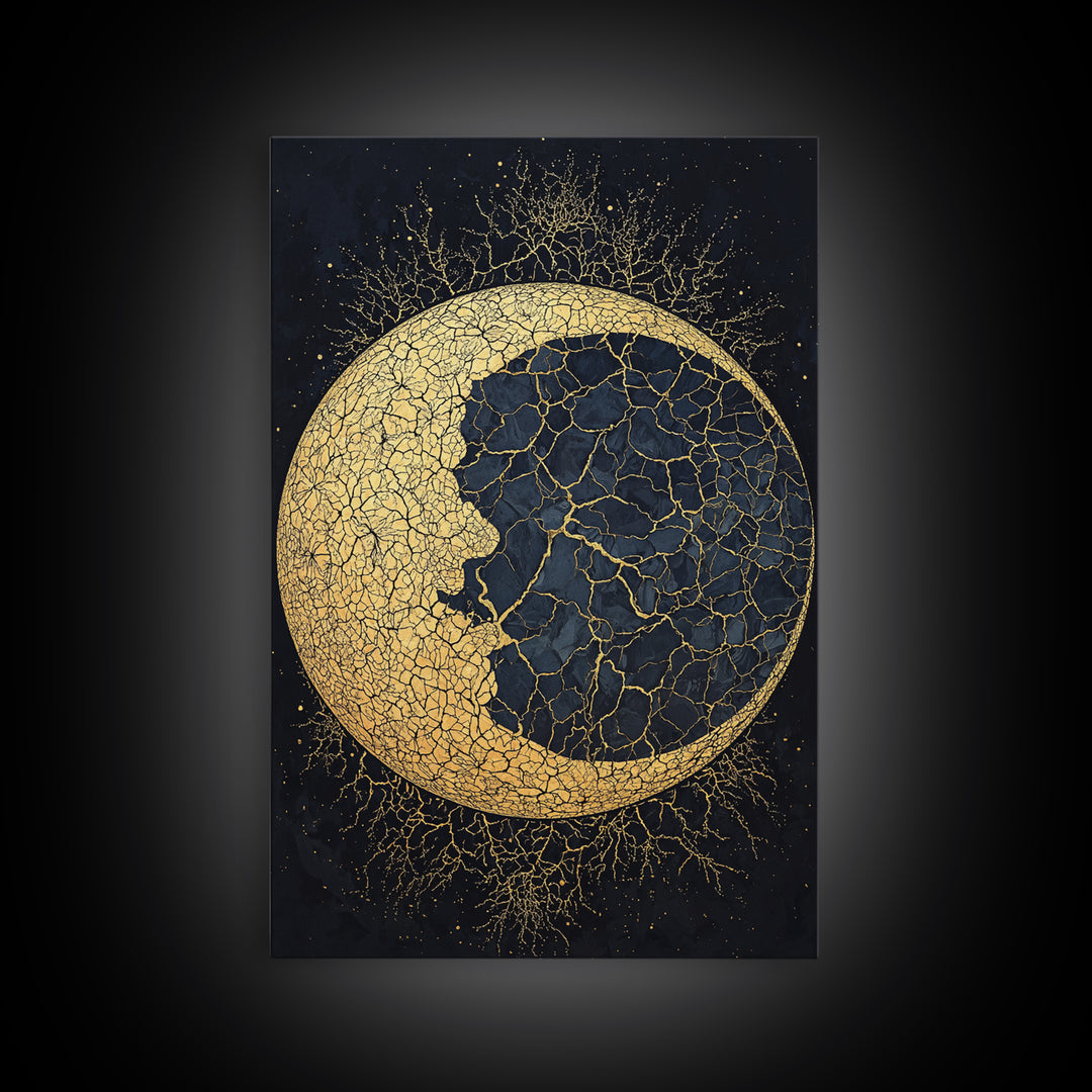 Cracked Gold Crescent Moon Wall Art, Mystical African Inspired Celestial Canvas Print, Black And Gold Spiritual Home Decor