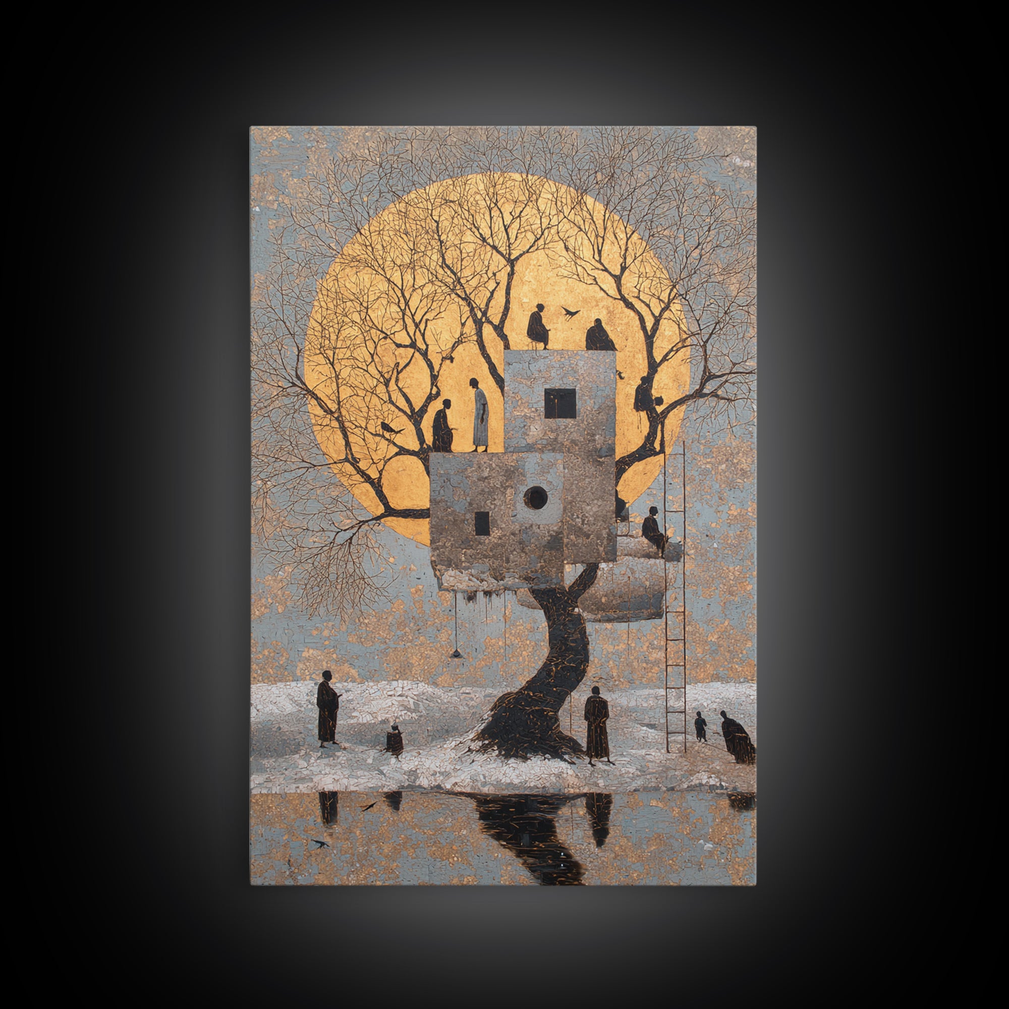 Surreal Moonlit Treehouse In Winter Wall Art, Dreamy Nature Scene Canvas Print, Whimsical Figures And Storybook Decor For Home