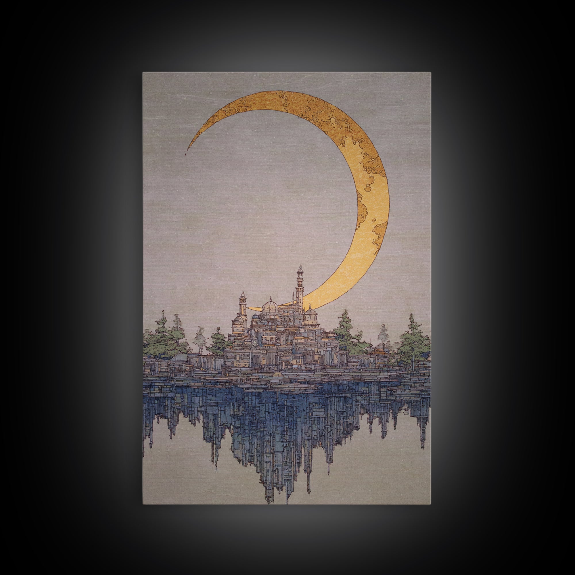 Golden Crescent Moon Over Floating City Wall Art, Dreamy Urban Landscape Canvas Print, Mystical Blue Beige Home Decor For Living Room