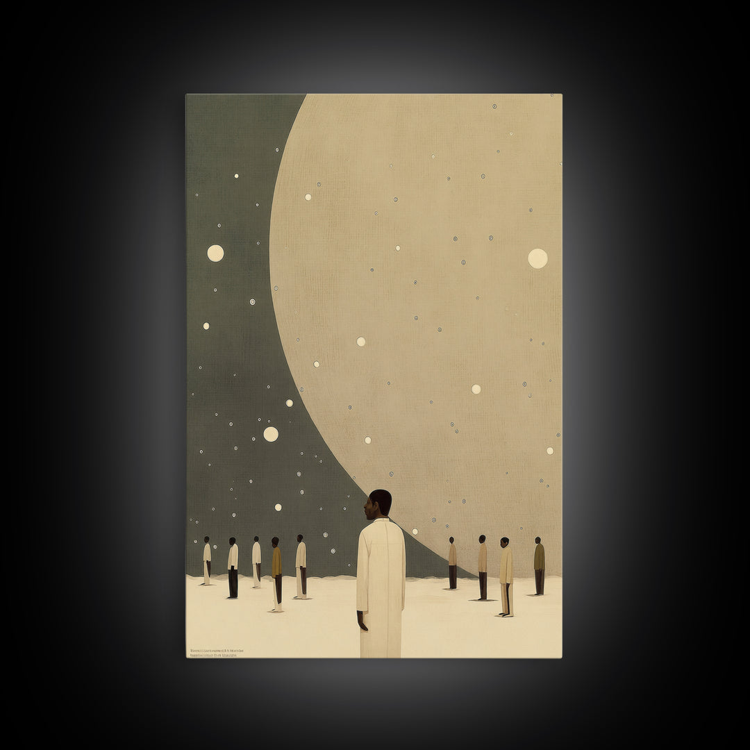 Minimalist Figures Beneath Giant Moon Wall Art, Modern Black Art Canvas Print, Dreamy Celestial Neutral Home Decor For Living Room