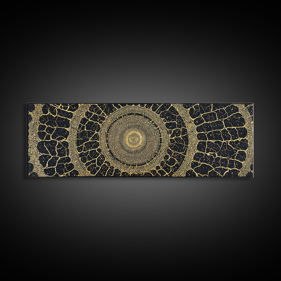 Black Gold Tribal Circle Canvas Print, African Abstract Pattern Wall Decor, Luxury Boho Textured Home Decor Gift For Living Room