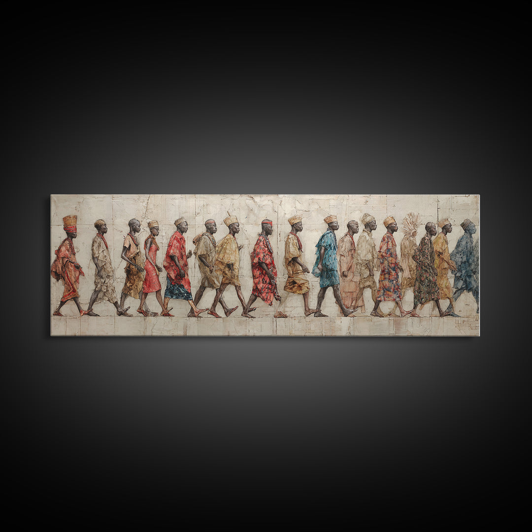 Walking African Village Procession Wall Art, Textured Cultural People Print, Panoramic Afrocentric Home Decor Gift For Hallway