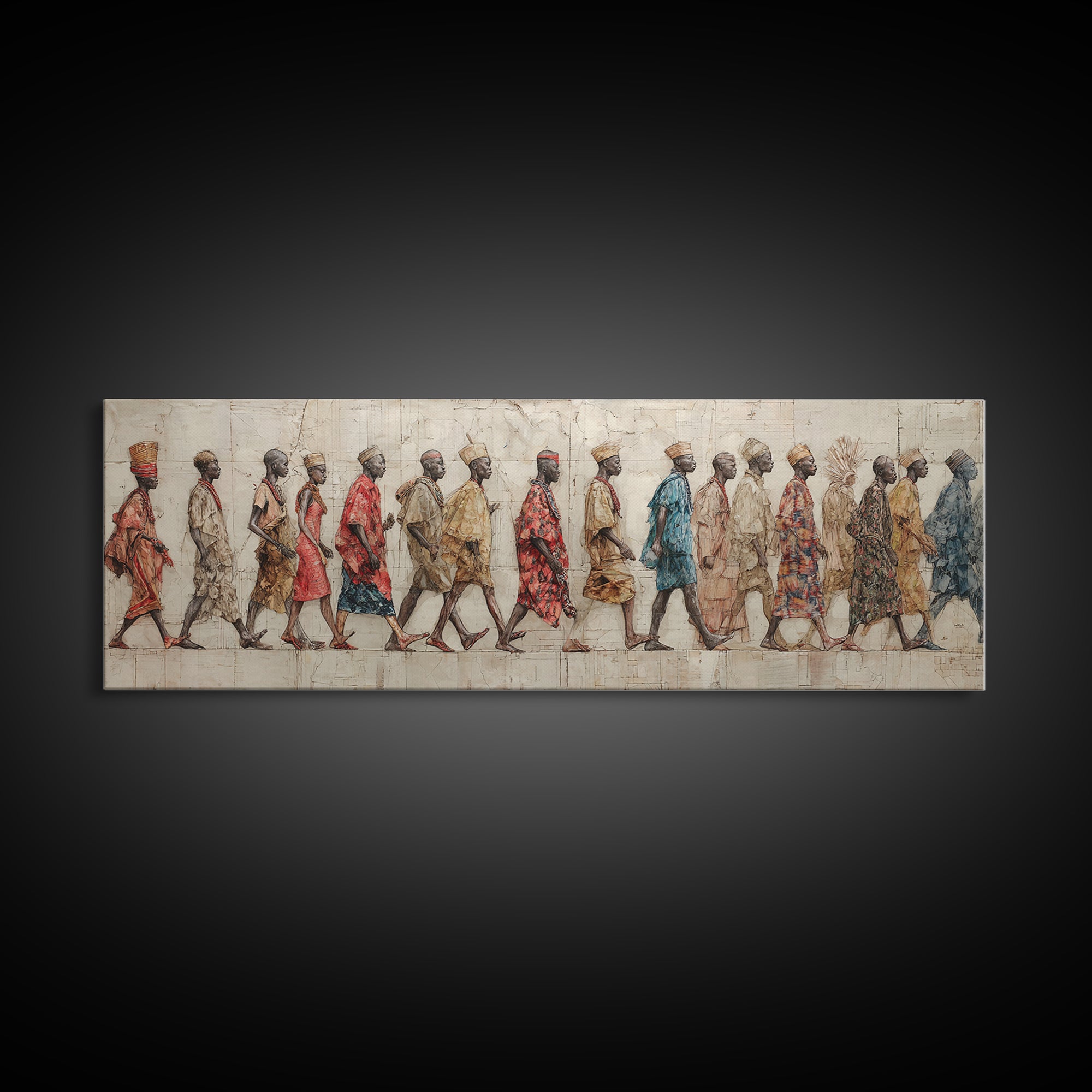 Walking African Village Procession Wall Art, Textured Cultural People Print, Panoramic Afrocentric Home Decor Gift For Hallway