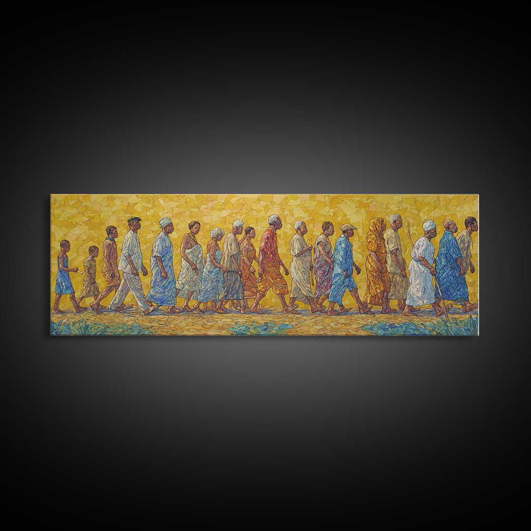 Sunlit African Walking Procession Canvas Print, Yellow Mosaic Cultural Wall Decor, Afrocentric Panoramic Home Art Gift For Living Room