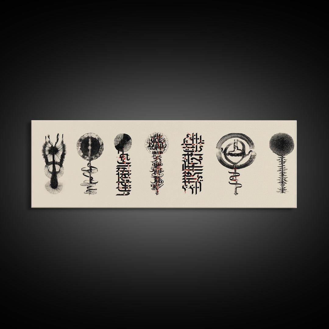 Ancient African Symbol Study Wall Art, Black Ink Tribal Mask Motifs, Minimalist Cultural Poster For Office And Home Decor
