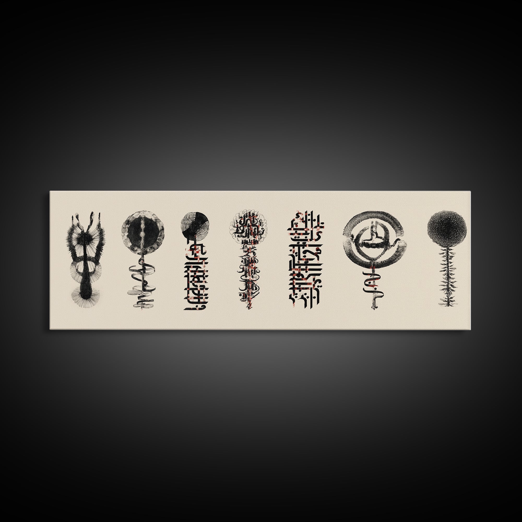 Ancient African Symbol Study Wall Art, Black Ink Tribal Mask Motifs, Minimalist Cultural Poster For Office And Home Decor