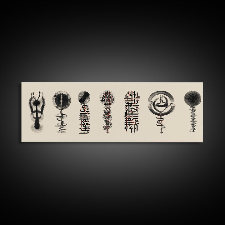 Ancient African Symbol Study Wall Art, Black Ink Tribal Mask Motifs, Minimalist Cultural Poster For Office And Home Decor