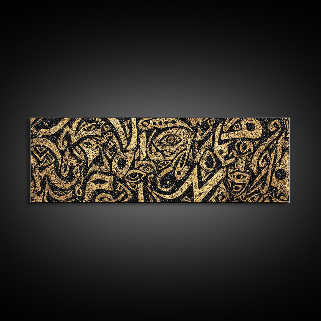 Gold Tribal Faces Abstract Wall Art, African Mask Art, Afrocentric Decor, Black And Gold Design, Bold Cultural Canvas Print