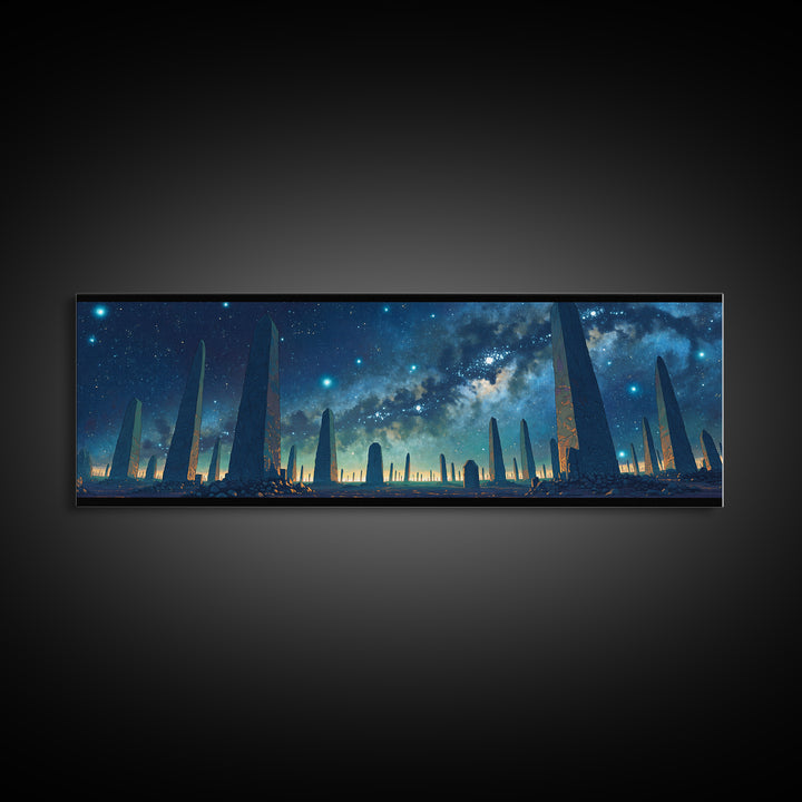 Futuristic Starry Obelisks Wall Art, African Egyptian Art, Cosmic Landscape Canvas Print, Mystical Blue Night Sky Office Decor