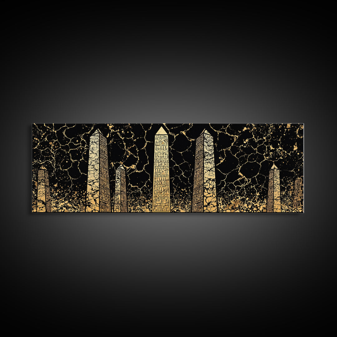 Gold Hieroglyph Obelisks Wall Art, African Egyptian Art, Black Gold Canvas Print, Ancient Symbols Cultural Statement Decor