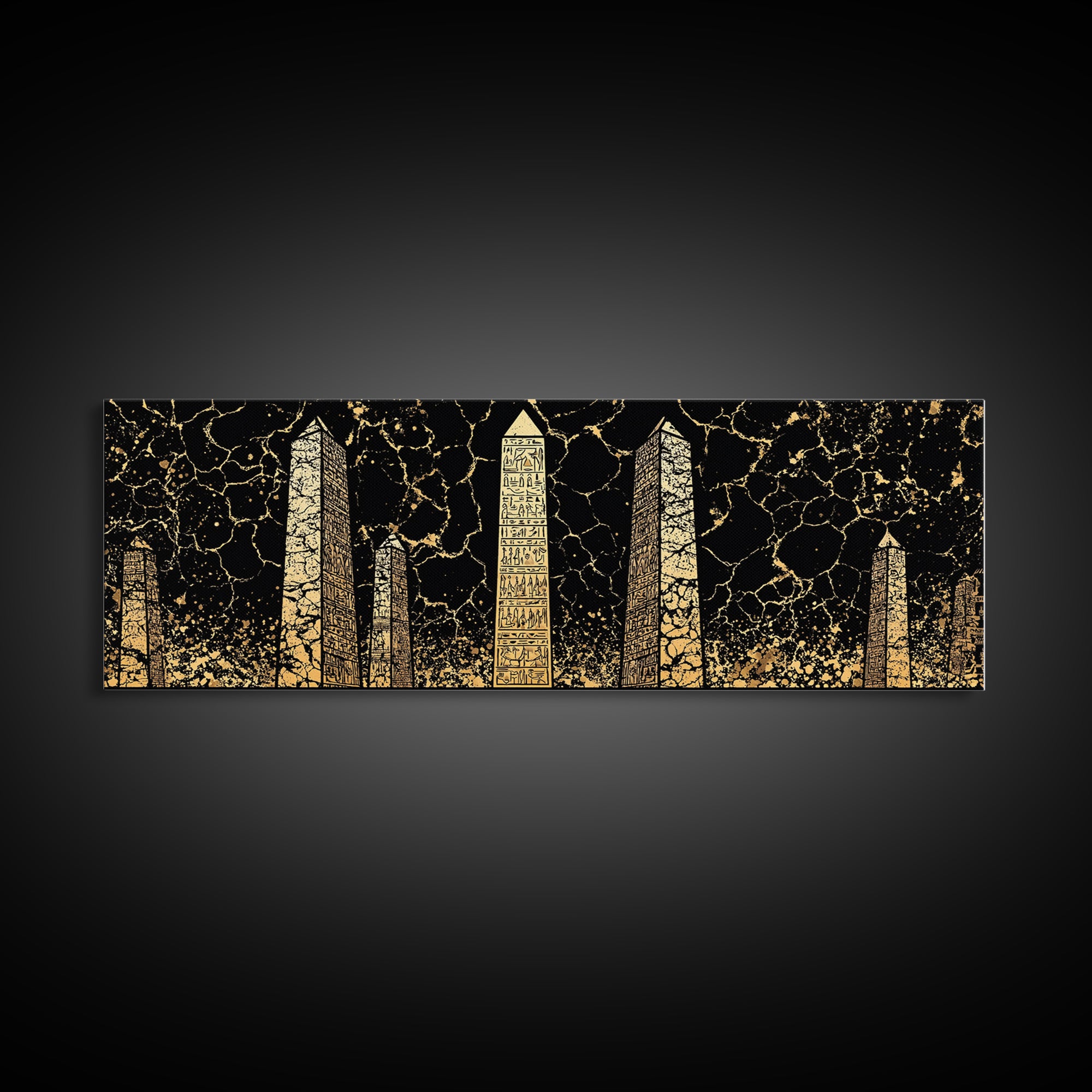 Gold Hieroglyph Obelisks Wall Art, African Egyptian Art, Black Gold Canvas Print, Ancient Symbols Cultural Statement Decor