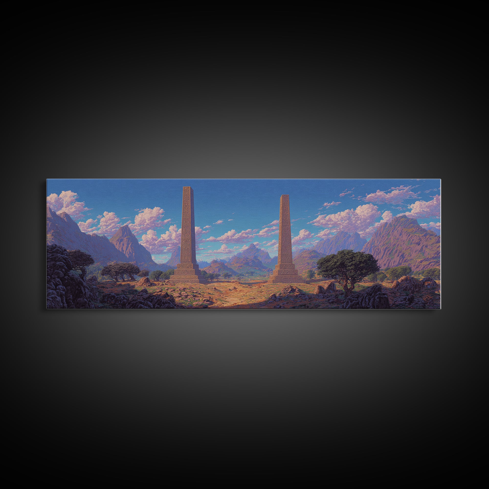 Twin Obelisks In Mountain Valley Framed Canvas Print, African Landscape, Africa Art Print, Statement Wall Art, Home Decor Gift