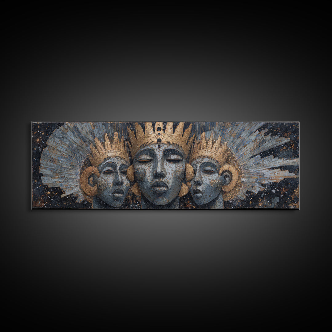 Regal Three African Goddess Faces Framed Canvas Print, African Women Art, Black Goddess Art, Gold Jewelry Canvas, Wall Decor