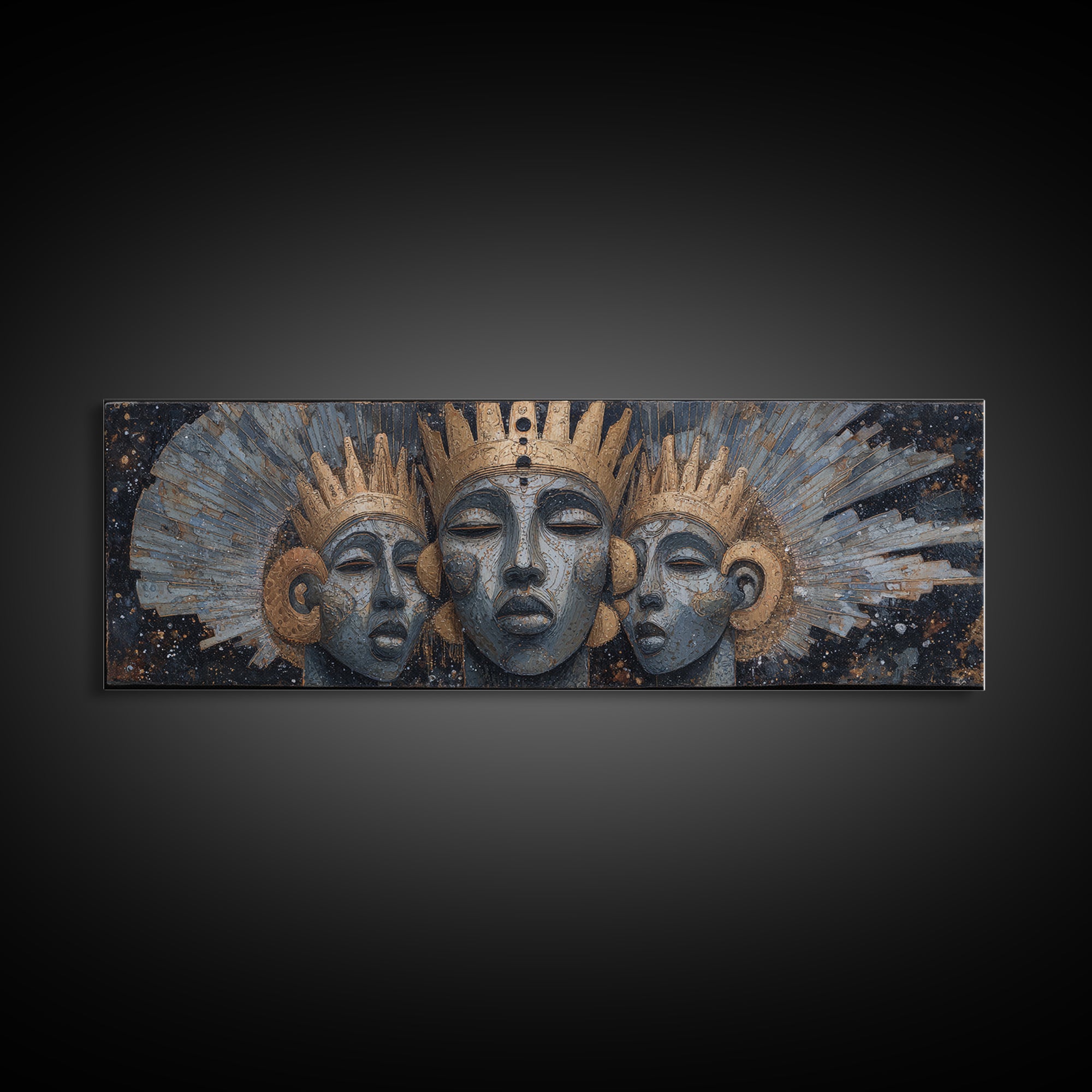Regal Three African Goddess Faces Framed Canvas Print, African Women Art, Black Goddess Art, Gold Jewelry Canvas, Wall Decor