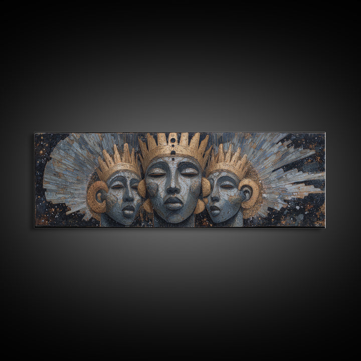 Regal Three African Goddess Faces Framed Canvas Print, African Women Art, Black Goddess Art, Gold Jewelry Canvas, Wall Decor