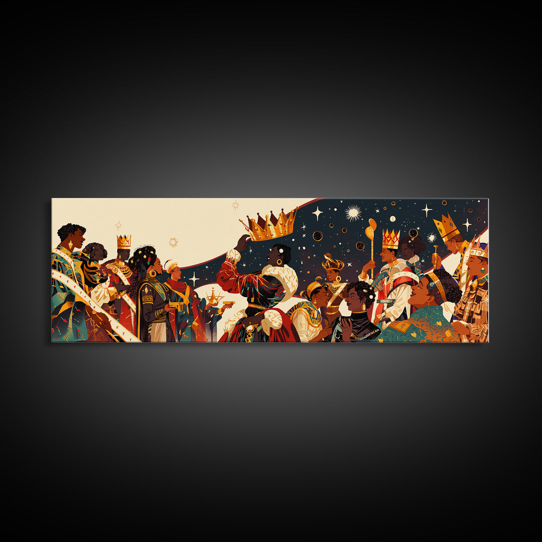 Royal African Celebration Under Stars Wall Art, Afrocentric Crown Ceremony, Black Culture Art, Panoramic Living Room Decor