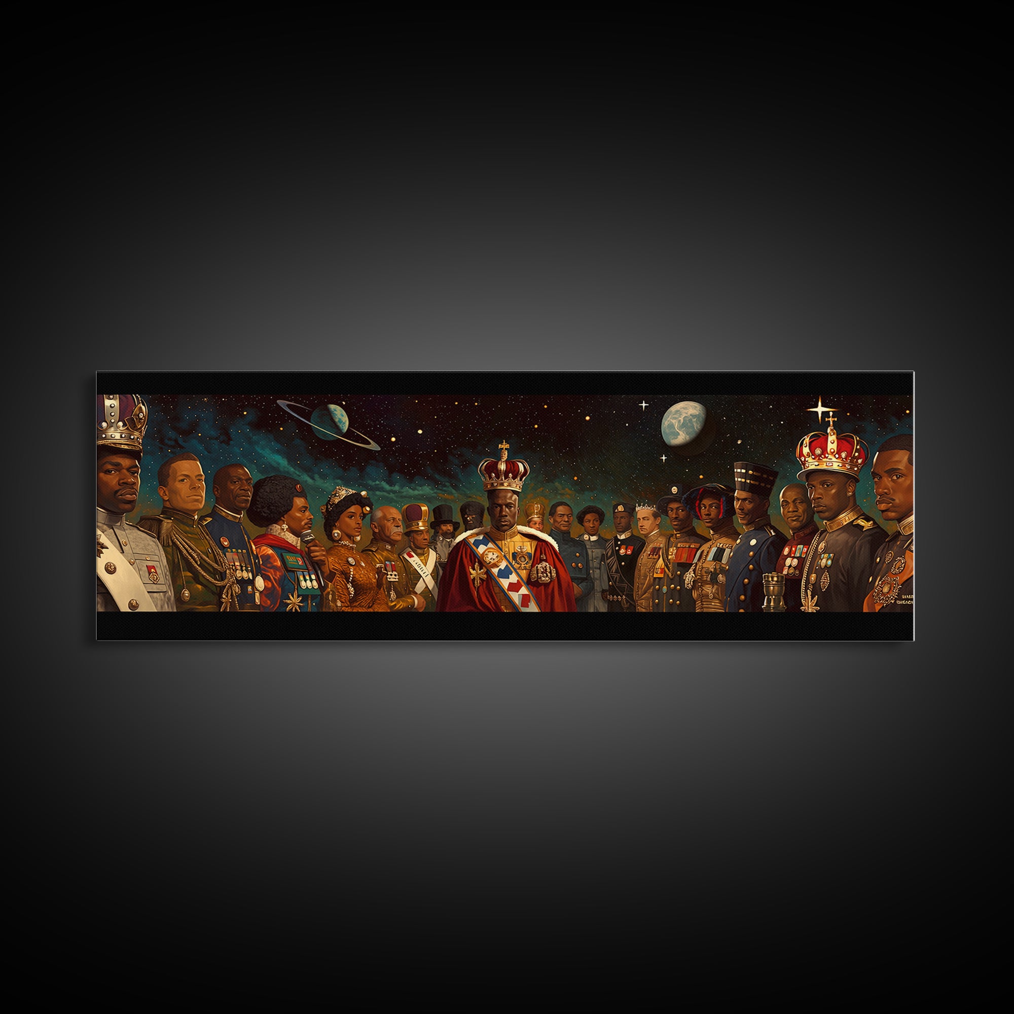Cosmic African Royal Court Canvas Print, Kings Generals And Crowns, Black Culture Wall Decor, Afrocentric Portrait Art Gift