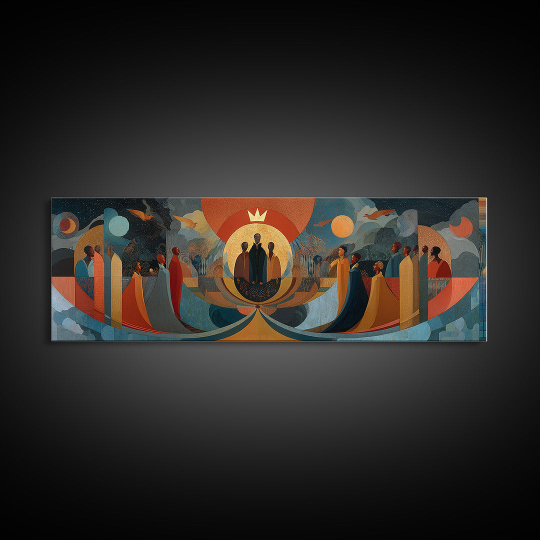 Abstract African Procession With Sun And Moon Wall Art, Afrocentric Modern Canvas, Earth Tone Cultural Home Decor Art Gift