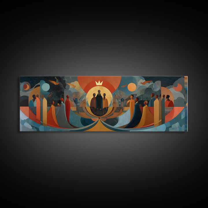 Abstract African Procession With Sun And Moon Wall Art, Afrocentric Modern Canvas, Earth Tone Cultural Home Decor Art Gift