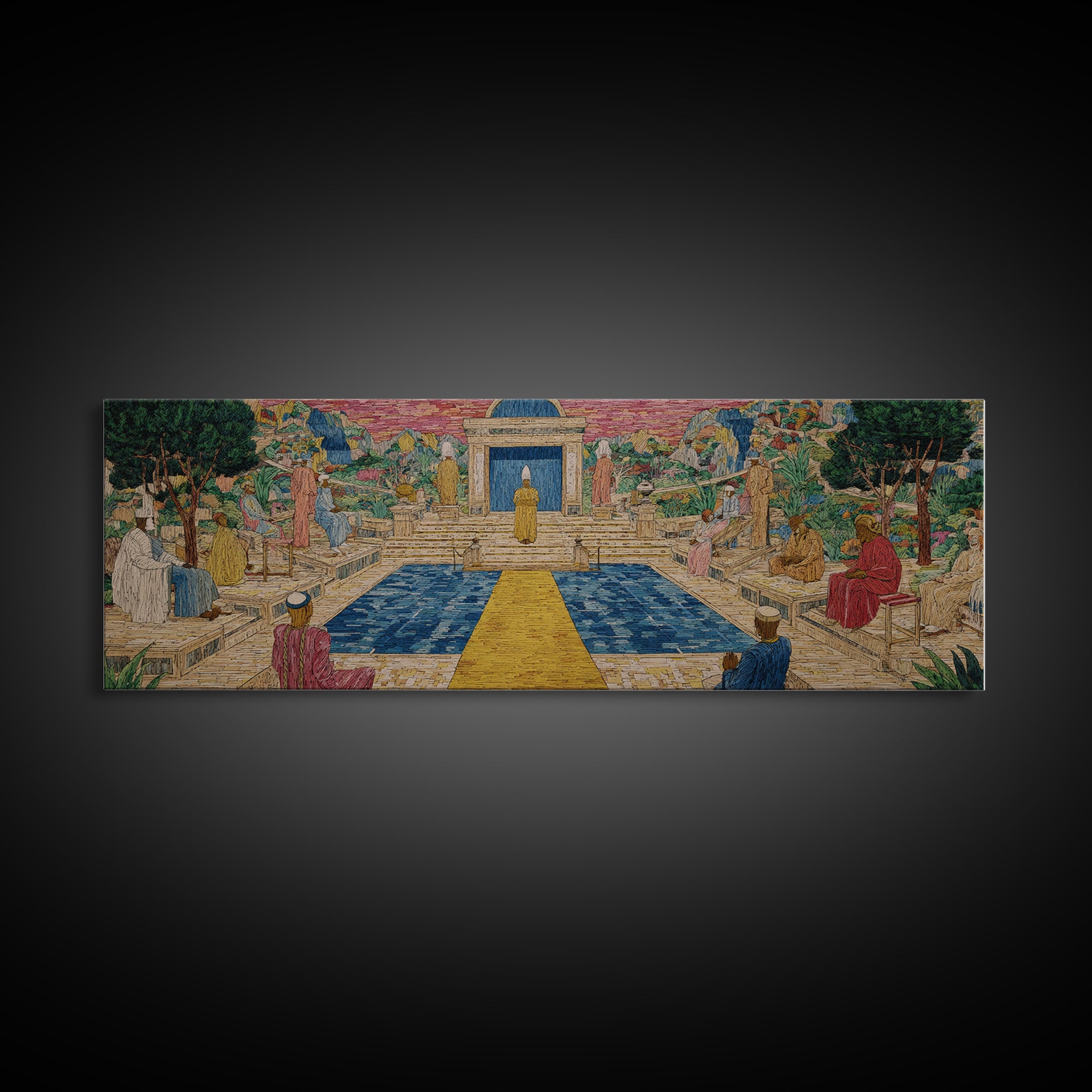 Golden Temple Garden Courtyard Canvas Print, African Inspired Landscape, Sacred Pathway Wall Decor, Elegant Home Art Gift