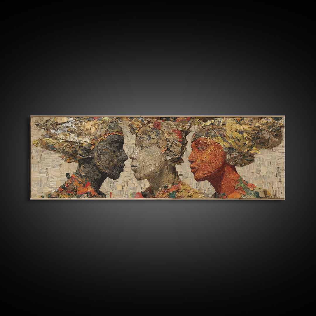 Textured African Women Profiles Framed Canvas Print, Earth Tone Black Female Art, Elegant Afrocentric Wall Decor Portrait Gift