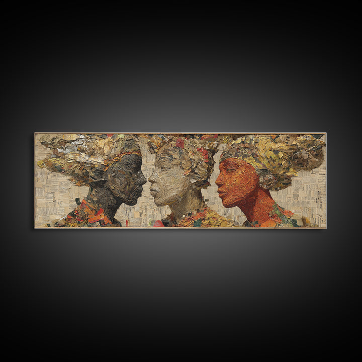 Textured African Women Profiles Framed Canvas Print, Earth Tone Black Female Art, Elegant Afrocentric Wall Decor Portrait Gift