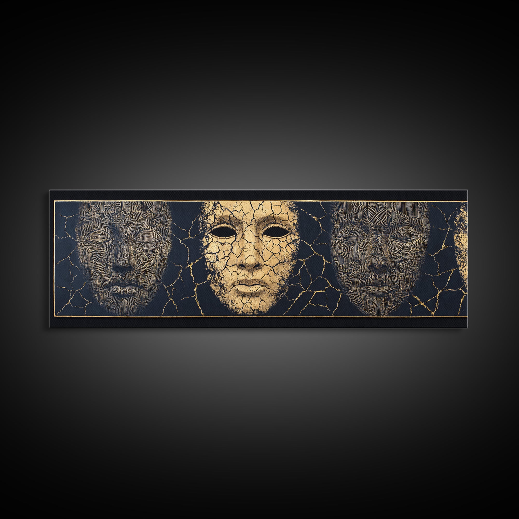 Gold And Black Ancient Mask Triptych Wall Art, Cracked Texture Faces, African Tribal Decor, Dramatic Cultural Canvas Gift