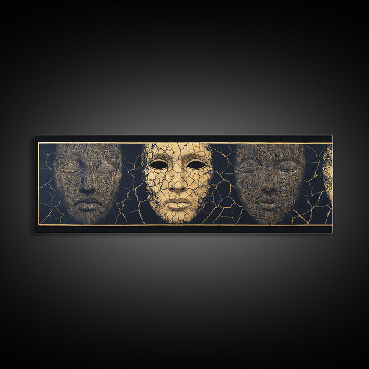Gold And Black Ancient Mask Triptych Wall Art, Cracked Texture Faces, African Tribal Decor, Dramatic Cultural Canvas Gift