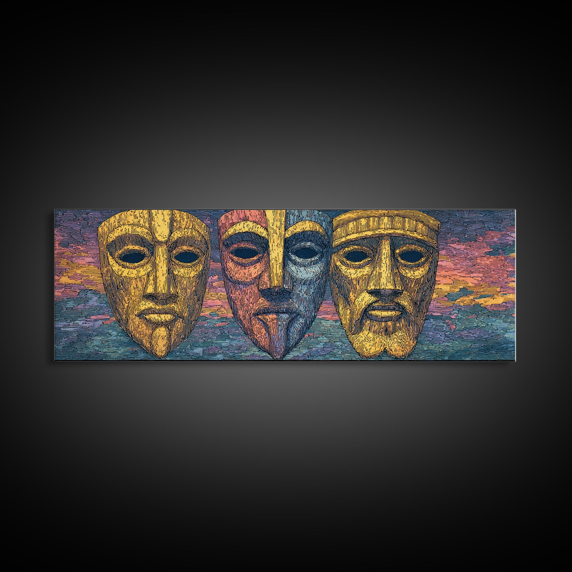 Three Golden African Masks Wall Art, Tribal Mask Canvas Print, Afrocentric Decor, Cultural Home Decor, Bold Statement Piece