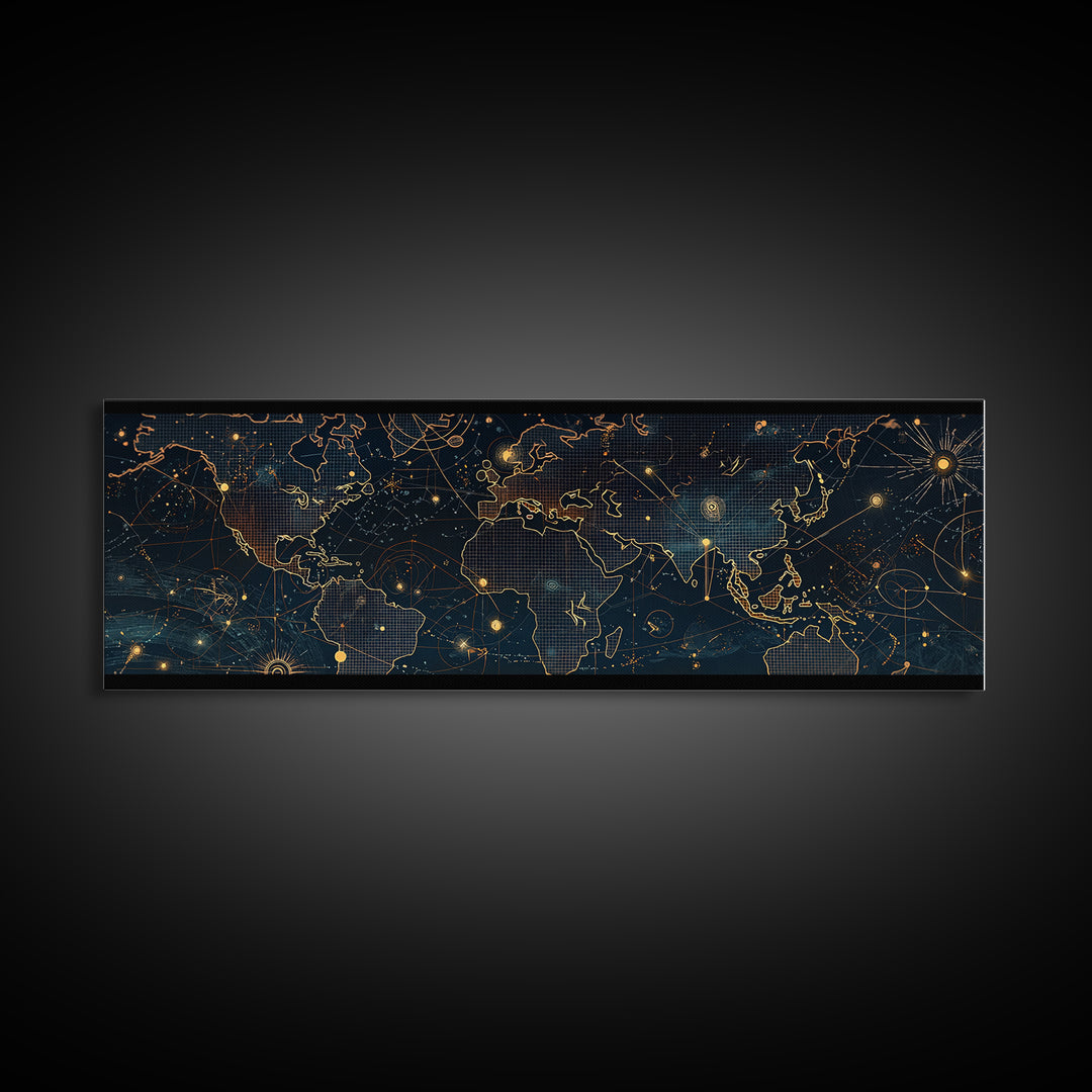 Dark Celestial World Map Wall Art, Gold Constellation Canvas Print, Modern Office Decor, Abstract Travel Home Decor, Housewarming Gift